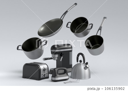 Espresso coffee machine, hand mixer, kettle and toaster on white background. 106135902