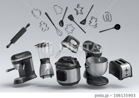 Kitchen appliances and utensils for making breakfast on white background 106135903