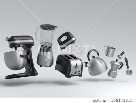 Electric kitchen appliances and utensils for making breakfast on white 106135910