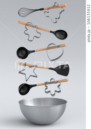 Metal bowl with bowl and cookie cutters on white background 106135912