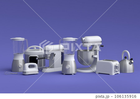 Kitchen appliances and utensils for making breakfast on violet background Kitchen appliances and utensils for making breakfast on violet background 106135916