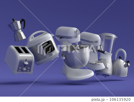 Kitchen appliances and utensils for making breakfast on violet background Kitchen appliances and utensils for making breakfast on violet background 106135920