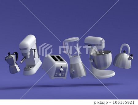 Kitchen appliances and utensils for making breakfast on violet background 106135921