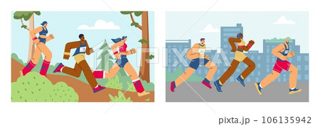 Marathon runners on cityscape and on off road in forest vector illustrations set, sport and fitness cartoon characters 106135942