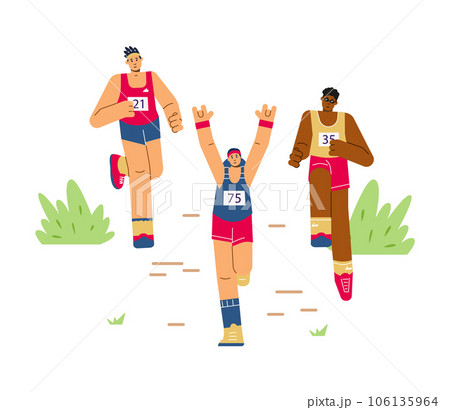 Diverse people running marathon, flat vector illustration isolated on white background. Diverse people running marathon, flat vector illustration isolated on white background. 106135964