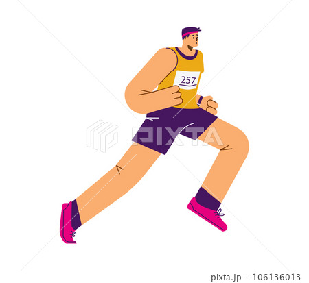 Running marathoner male cartoon character flat vector illustration isolated. 106136013