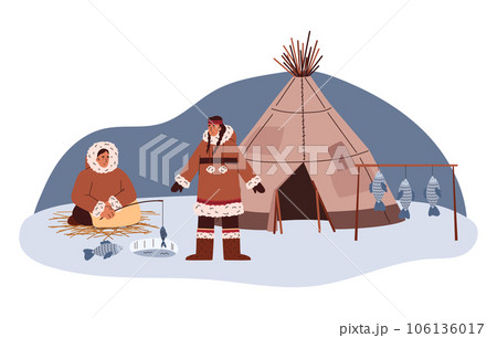 Arctic eskimo characters fishing near igloo, flat vector illustration isolated. 106136017