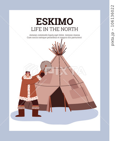 Eskimo people life banner with Northern dwellers, flat vector illustration. 106136022
