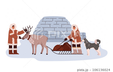 North people in traditional Eskimos clothing, igloo, Husky dog, reindeer sleigh with sled cartoon vector illustration 106136024