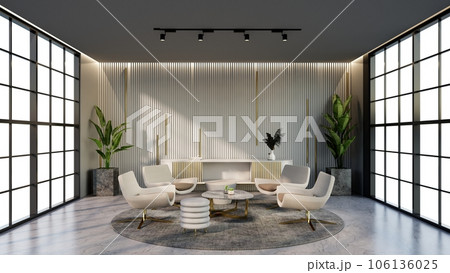 -white and gold color hotel lounge with windows and chairs matching the color for waiting room, 3D render. 106136025