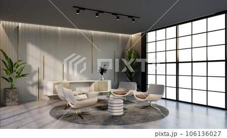 -white and gold color hotel lounge with windows and chairs matching the color for waiting room, 3D render. 106136027