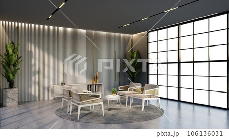 -white and gold color hotel lounge with windows and chairs matching the color for waiting room, 3D render. 106136031