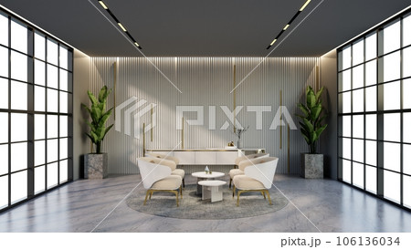 -white and gold color hotel lounge with windows and chairs matching the color for waiting room, 3D render. 106136034