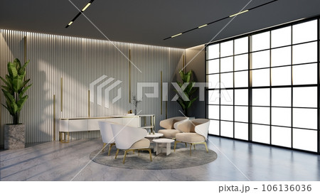 -white and gold color hotel lounge with windows and chairs matching the color for waiting room, 3D render. -white and gold color hotel lounge with windows and chairs matching the color for waiting room, 3D render. 106136036