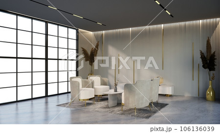 -white and gold color hotel lounge with windows and chairs matching the color for waiting room, 3D render. -white and gold color hotel lounge with windows and chairs matching the color for waiting room, 3D render. 106136039