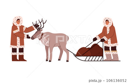 Eskimos driving a reindeer harness, cartoon flat vector illustration isolated. 106136052