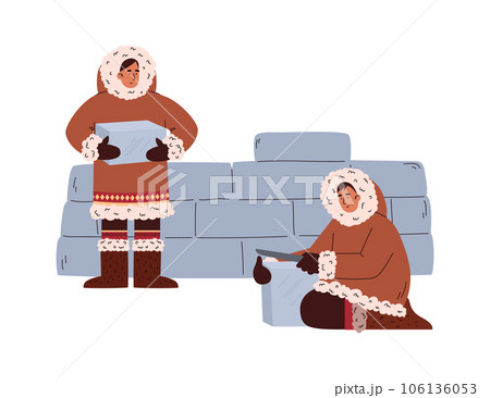 Eskimos building igloo ice dwelling, cartoon flat vector illustration isolated. Eskimos building igloo ice dwelling, cartoon flat vector illustration isolated. 106136053