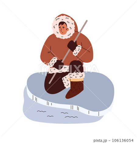 Eskimo sits on the ice and catches fish with fishing rod, north man gets food in arctic wild vector cartoon illustration 106136054