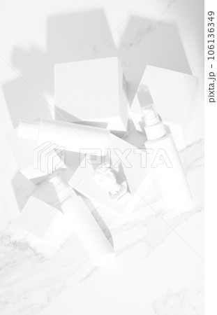 Mockup white cosmetics dispansers on white background. Vertical photography. 106136349