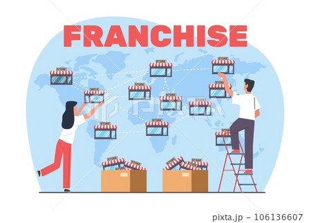 Concept of franchise business, man and woman map out stores on huge map. Open new shops in different foreign countries. marketing system. Company growth. Vector cartoon flat illustration Concept of franchise business, man and woman map out stores on huge map. Open new shops in different foreign countries. marketing system. Company growth. Vector cartoon flat illustration 106136607