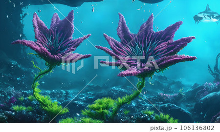 異世界の風景　水中の植物と生き物　9 106136802