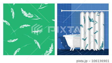 Bathroom interior with bathtub and curtain decorated cereal grass with panicle fluffy crown of meadow grass seamless pattern. Vector illustration, ornament for design of posters, printing on fabric Bathroom interior with bathtub and curtain decorated cereal grass with panicle fluffy crown of meadow grass seamless pattern. Vector illustration, ornament for design of posters, printing on fabric 106136901