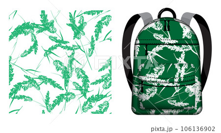 Children school backpack decorated cereal grass with panicle fluffy crown of meadow grass seamless pattern. Field grass floral ornate. Vector ornament for design of posters and printing on textile 106136902