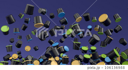 Many of flying plastic cans or buckets on violet background. Many of flying plastic cans or buckets on violet background. 106136988