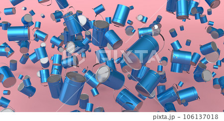 Many of flying metal cans or buckets on pink background. 106137018