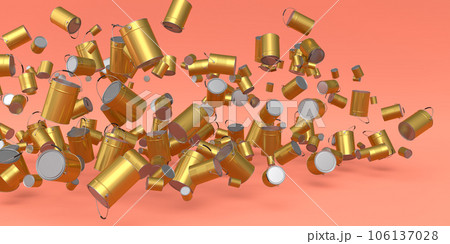 Many of flying metal cans or buckets on pink background. Many of flying metal cans or buckets on pink background. 106137028