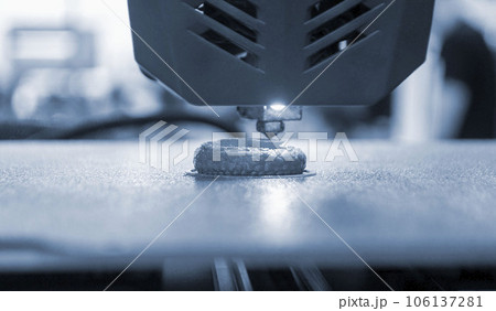 3D printer. 3D printing. 3d printer printing process close-up. 3D printer creating object from molten plastic. Modern three-dimensional printing technologies. Innovation additive robotic technology 106137281