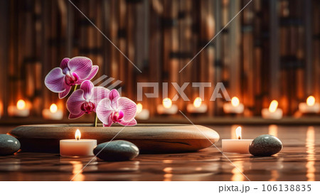 Beautiful asian spa composition with candles, orchids and massage hot stones on wellness center sustainable interior background. Beauty spa treatment and relax concept. Copy space Beautiful asian spa composition with candles, orchids and massage hot stones on wellness center sustainable interior background. Beauty spa treatment and relax concept. Copy space 106138835