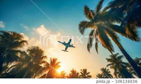 Airplane flying above palm trees in clear sunset sky with sun rays. Concept of traveling, vacation and travel by air transport. Beautiful sky background 106138836
