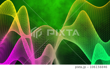 3D abstract digital technology multicolored particles wave on green background. 106138846