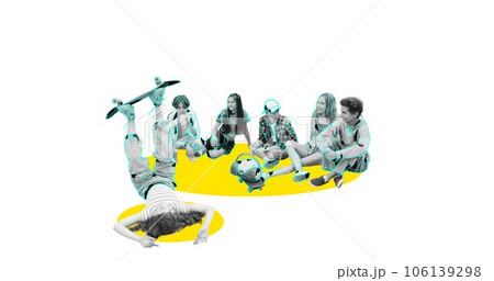 Teens, friends spending good time together, having fun and joy. Communication and leisure. Contemporary art collage. 106139298