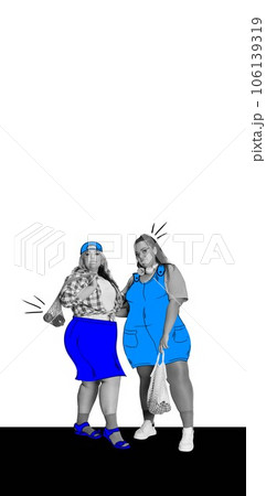 Overweight woman, friends with drawn elements of clothes over white background. Contemporary art collage. 106139319