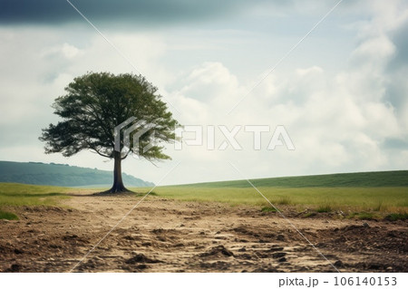 Single tree left on the chopped out forest against sky with clouds. Impact of deforestation. illustration with copy space. Single tree left on the chopped out forest against sky with clouds. Impact of deforestation. illustration with copy space. 106140153