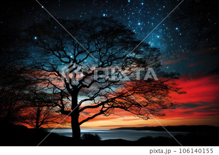 Lonely old tree growing against night starry sky with purple clouds at sunrise Lonely old tree growing against night starry sky with purple clouds at sunrise 106140155