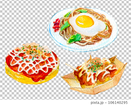 水彩イラスト　たこ焼きとお好み焼きと焼きそば 106140295
