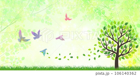 新緑の中、飛び立つ鳥 106140362