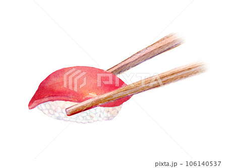 水彩イラスト　手描きイラスト　箸で挟んだマグロの寿司 106140537