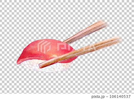 水彩イラスト　手描きイラスト　箸で挟んだマグロの寿司 106140537