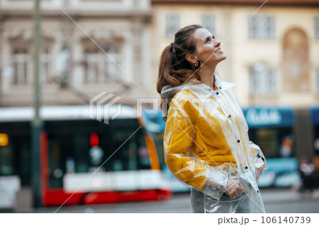 woman in Prague Czech Republic on tram station and walking 106140739