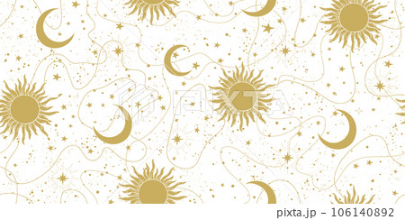 Seamless sky background with golden stars, sun and moon on a white background. Astrology banner, pattern for tarot, boho ornament for zodiac. Flat esoteric vector illustration. 106140892