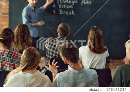 Corporate, businessman with presentation and in business meeting, conference room at work. Communication with employees. 106141253