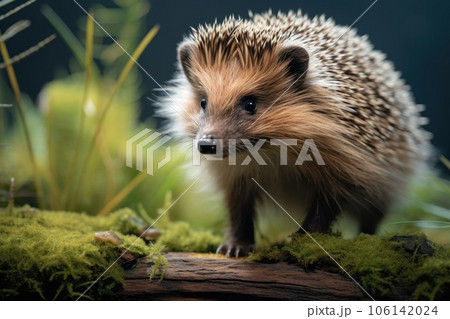 Cute adult hedgehog in summer or autumn forest. Young beautiful hedgehog in natural habitat, outdoors in nature. 106142024