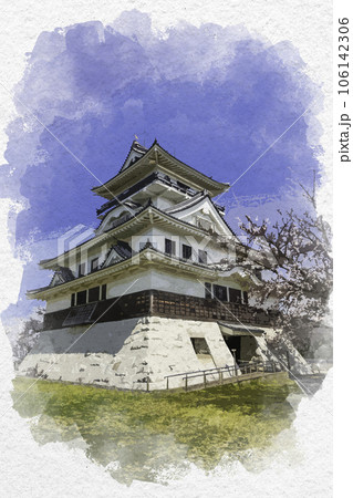 水彩画風 河原城 鳥取県鳥取市 水彩画風 河原城 鳥取県鳥取市 106142306