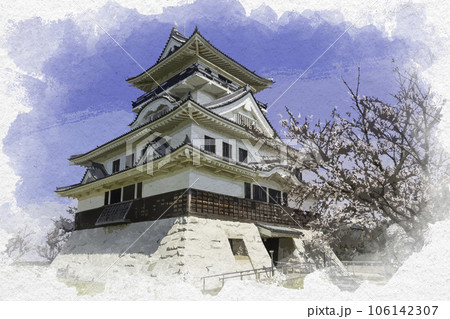 水彩画風　河原城　鳥取県鳥取市 106142307