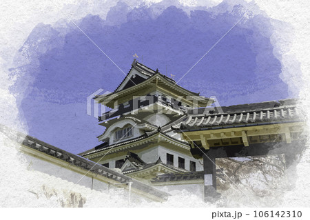 水彩画風 河原城 鳥取県鳥取市 水彩画風 河原城 鳥取県鳥取市 106142310