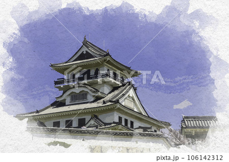 水彩画風 河原城 鳥取県鳥取市 水彩画風 河原城 鳥取県鳥取市 106142312